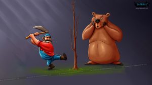 colorful 2d illustration depicting a whimsical scene with stylized characters and vibrant backgrounds