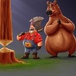 colorful 2d illustration depicting a whimsical scene with stylized characters and vibrant backgrounds