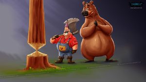 colorful 2d illustration depicting a whimsical scene with stylized characters and vibrant backgrounds